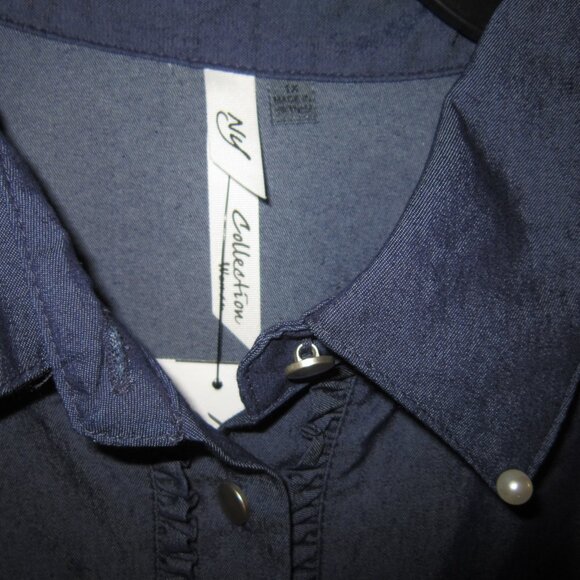 NY Collection Woman New Plus 1X Button Shirt Top Blouse Pearls Chambray Ruffle - Picture 2 of 2